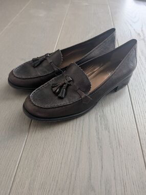 Franco Sarto Brown Leather Tassel Loafers Scalloped Trim 10